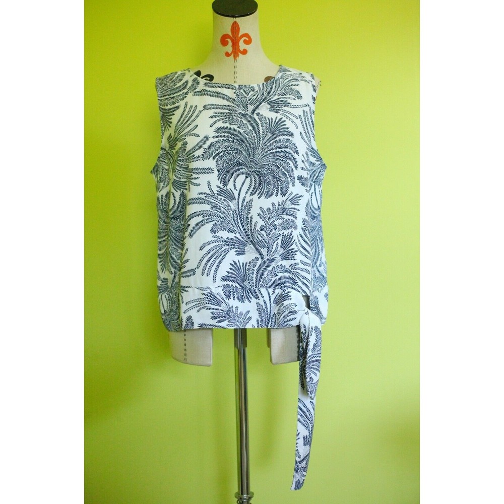 Talbots Sz 12 Sleeveless Tied Hem Round Neck Blouse Top White Blue Floral EUC